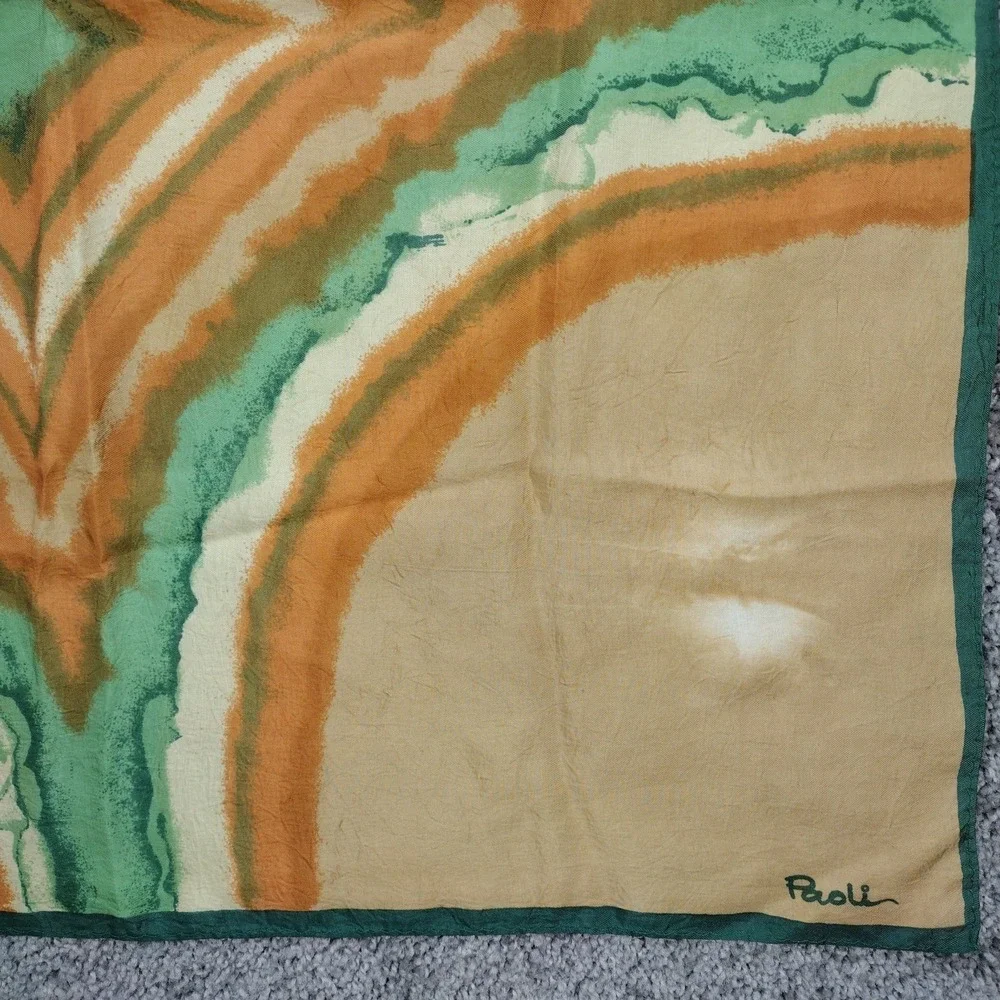 VTG Paoli Silk Scarf Abstract Landscape Waves Teal Ochre Orange Earthy